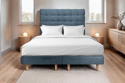 Lit 2x 100x200 cm - Sommier tapissier H29 cm + tête de lit capitonnée - Tissu Bouclette Bleu