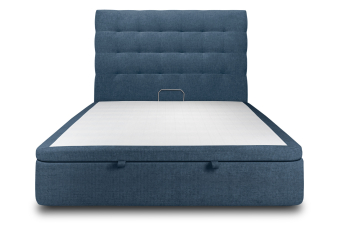Lit coffre 200x200 cm avec Tête de lit capitonnée - Tissu Toile natté Bleu Océan