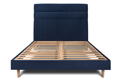Lit 140x200 cm - Sommier à lattes H29 cm + tête de lit à lignes - Tissu Velours Bleu Océan