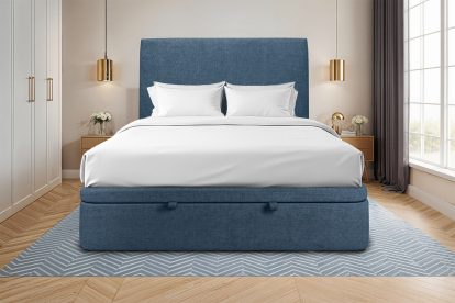 Lit coffre 140x200 cm avec Tête de lit tapissée - Tissu Toile natté Bleu Océan