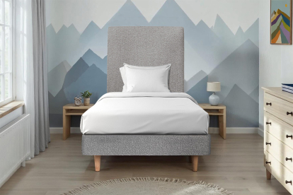 Lit 90x200 cm - Sommier tapissier H29 cm + tête de lit tapissée - Tissu Bouclette Gris