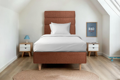 Lit 90x200 cm - Sommier tapissier H35 cm + tête de lit à lignes - Tissu Bouclette Terracotta