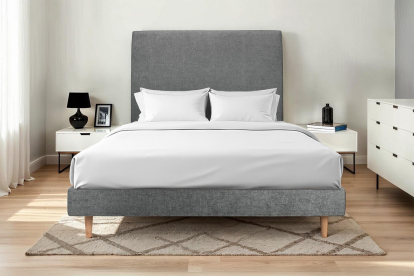 Lit 140x200 cm - Sommier à lattes H29 cm + tête de lit tapissée - Tissu Toile natté Gris Anthracite