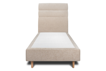 Lit 90x200 cm - Sommier tapissier H35 cm + tête de lit à lignes - Tissu Toile natté Beige Brun