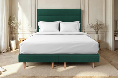 Lit 2x 100x200 cm - Sommier tapissier H29 cm + tête de lit à lignes - Tissu Velours Vert