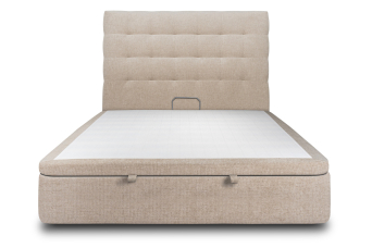 Lit coffre 200x200 cm avec Tête de lit capitonnée - Tissu Toile natté Beige Brun