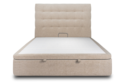 Lit coffre 200x200 cm avec Tête de lit capitonnée - Tissu Toile natté Beige Brun