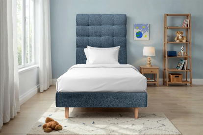 Lit 90x200 cm - Sommier à lattes H29 cm + tête de lit capitonnée - Tissu Bouclette Bleu