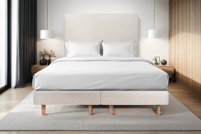 Lit 2x 100x200 cm - Sommier tapissier H29 cm + tête de lit tapissée - Tissu Bouclette Beige Clair
