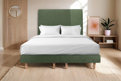 Lit 2x 100x200 cm - Sommier tapissier H29 cm + tête de lit tapissée - Tissu Toile natté Vert Kaki