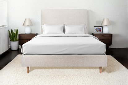 Lit 160x200 cm - Sommier tapissier H35 cm + tête de lit tapissée - Tissu Bouclette Beige Clair