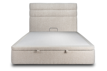 Lit coffre 200x200 cm avec Tête de lit à lignes - Tissu Bouclette Beige Clair
