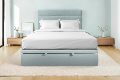 Lit coffre 200x200 cm avec Tête de lit à lignes - Tissu Velours Gris Bleuté