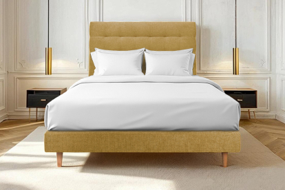 Lit 140x200 cm - Sommier tapissier H29 cm + tête de lit capitonnée - Tissu Toile natté Jaune