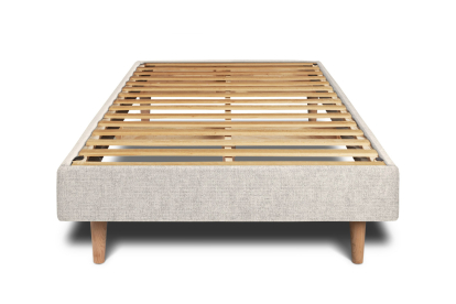 Lit 90x200 cm - Sommier à lattes H29 cm + tête de lit à lignes - Tissu Toile natté Beige Clair