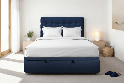 Lit coffre 160x200 cm avec Tête de lit capitonnée - Tissu Velours Bleu Océan