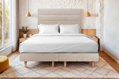 Lit 2x 80x200 cm - Sommier tapissier H29 cm + tête de lit à lignes - Tissu Toile natté Beige Brun
