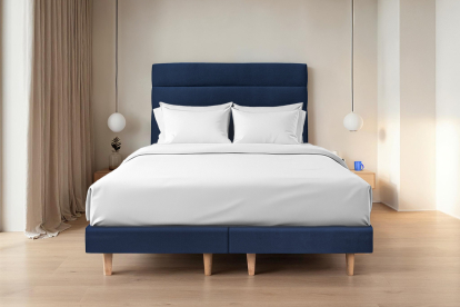 Lit 2x 80x200 cm - Sommier tapissier H29 cm + tête de lit à lignes - Tissu Velours Bleu Océan