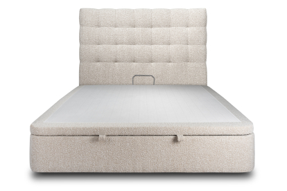 Lit coffre 180x200 cm avec Tête de lit capitonnée - Tissu Bouclette Beige Clair