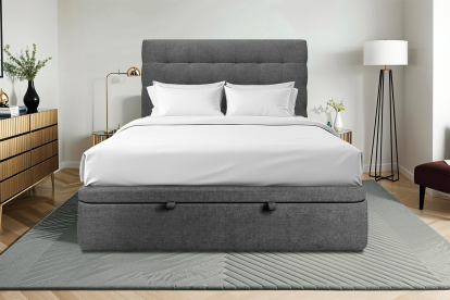 Lit coffre 160x200 cm avec Tête de lit capitonnée - Tissu Toile natté Gris Anthracite
