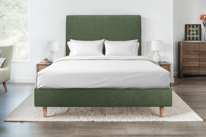 Lit 160x200 cm - Sommier tapissier H35 cm + tête de lit tapissée - Tissu Toile natté Vert Kaki