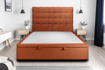 Lit coffre 200x200 cm avec Tête de lit capitonnée - Tissu Bouclette Terracotta