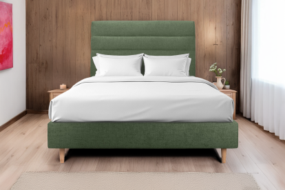 Lit 160x200 cm - Sommier tapissier H35 cm + tête de lit à lignes - Tissu Toile natté Vert Kaki