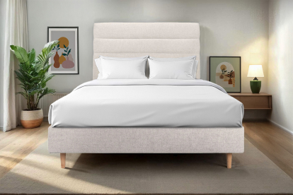 Lit 140x200 cm - Sommier tapissier H35 cm + tête de lit à lignes - Tissu Toile natté Beige Clair
