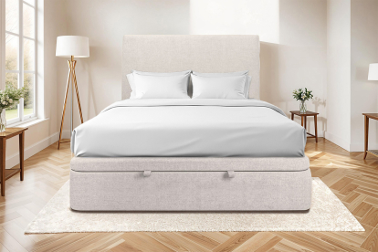 Lit coffre 200x200 cm avec Tête de lit tapissée - Tissu Toile natté Beige Clair