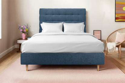 Lit 160x200 cm - Sommier tapissier H35 cm + tête de lit capitonnée - Tissu Toile natté Bleu Océan