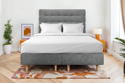 Lit 2x 90x200 cm - Sommier tapissier H35 cm + tête de lit capitonnée - Tissu Toile natté Gris Anthracite