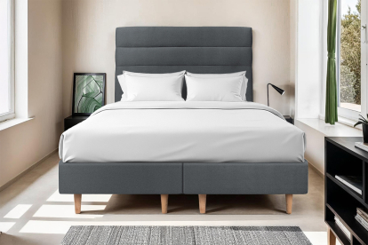 Lit 2x 80x200 cm - Sommier tapissier H35 cm + tête de lit à lignes - Tissu Velours Gris Anthracite
