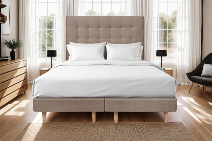 Lit 2x 90x200 cm - Sommier tapissier H29 cm + tête de lit capitonnée - Tissu Velours Taupe
