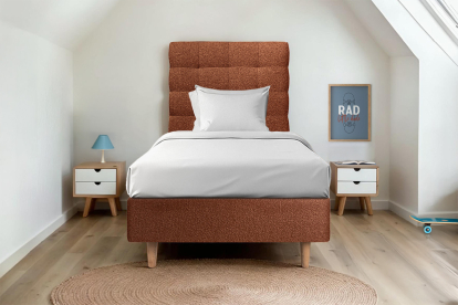 Lit 90x190 cm - Sommier tapissier H35 cm + tête de lit capitonnée - Tissu Bouclette Terracotta