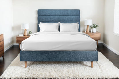 Lit 140x190 cm - Sommier tapissier H35 cm + tête de lit à lignes - Tissu Bouclette Bleu