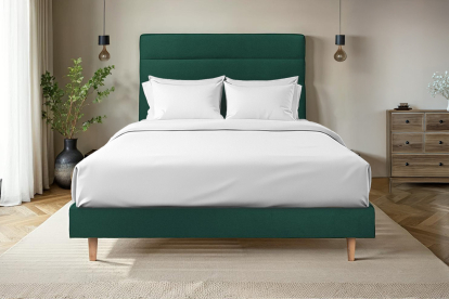 Lit 140x190 cm - Sommier tapissier H29 cm + tête de lit à lignes - Tissu Velours Vert