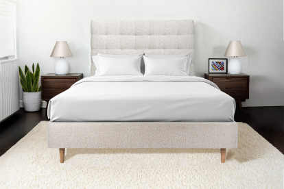 Lit 140x200 cm - Sommier tapissier H35 cm + tête de lit capitonnée - Tissu Bouclette Beige Clair
