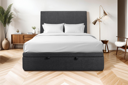 Lit coffre 160x200 cm avec Tête de lit tapissée - Tissu Toile natté Noir