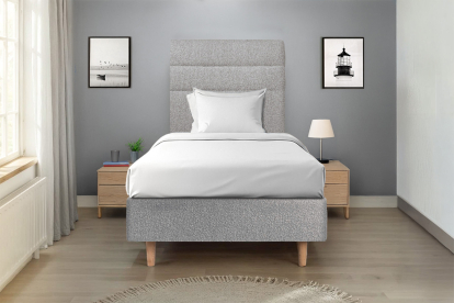 Lit 90x200 cm - Sommier tapissier H35 cm + tête de lit à lignes - Tissu Bouclette Gris