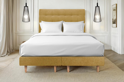 Lit 2x 80x200 cm - Sommier tapissier H29 cm + tête de lit capitonnée - Tissu Toile natté Jaune