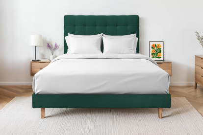 Lit 140x190 cm - Sommier à lattes H29 cm + tête de lit capitonnée - Tissu Velours Vert
