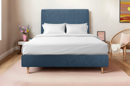 Lit 160x200 cm - Sommier tapissier H35 cm + tête de lit tapissée - Tissu Toile natté Bleu Océan