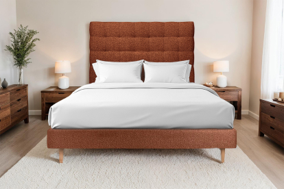 Lit 140x200 cm - Sommier tapissier H29 cm + tête de lit capitonnée - Tissu Bouclette Terracotta