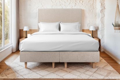 Lit 2x 90x200 cm - Sommier tapissier H35 cm + tête de lit tapissée - Tissu Toile natté Beige Brun