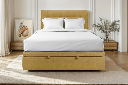 Lit coffre 180x200 cm avec Tête de lit capitonnée - Tissu Toile natté Jaune