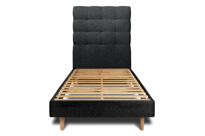 Lit 90x200 cm - Sommier à lattes H29 cm + tête de lit capitonnée - Tissu Bouclette Noir