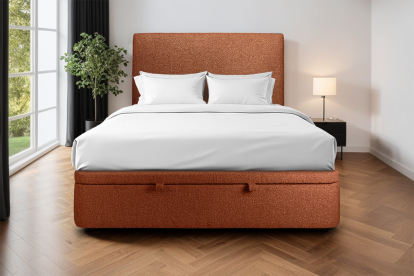 Lit coffre 140x200 cm avec Tête de lit tapissée - Tissu Bouclette Terracotta