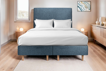 Lit 2x 80x200 cm - Sommier tapissier H35 cm + tête de lit tapissée - Tissu Bouclette Bleu