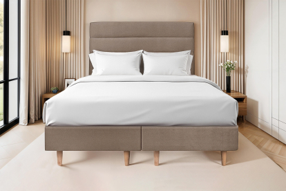 Lit 2x 100x200 cm - Sommier tapissier H35 cm + tête de lit à lignes - Tissu Velours Taupe