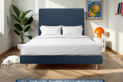 Lit 200x200 cm - Sommier à lattes H29 cm + tête de lit tapissée - Tissu Toile natté Bleu Océan